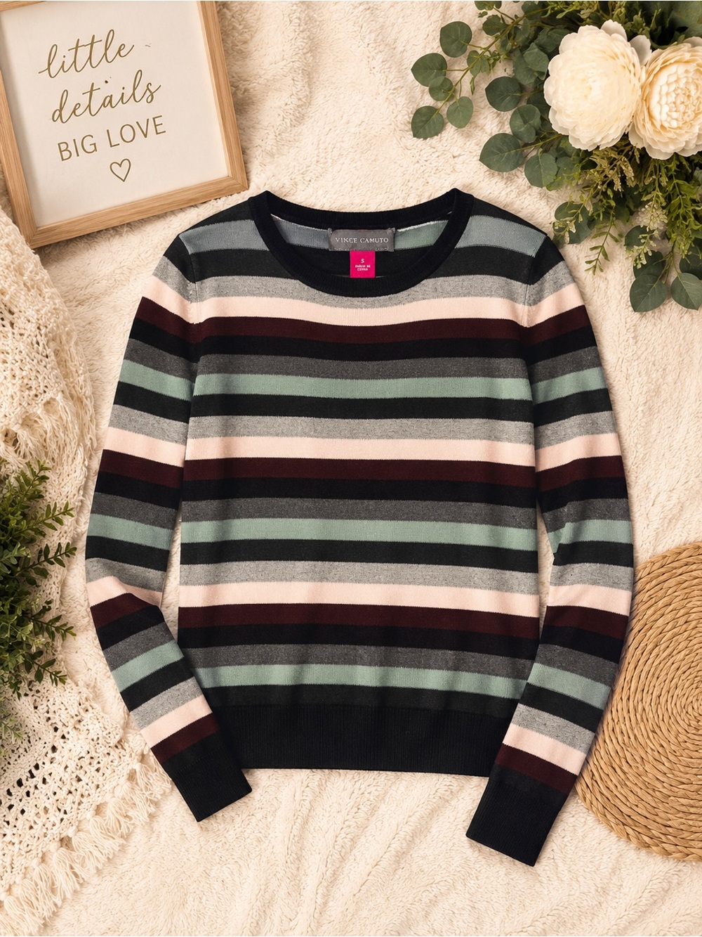 Vince Camuto Black, Pink & Green Striped Crewneck Sweater